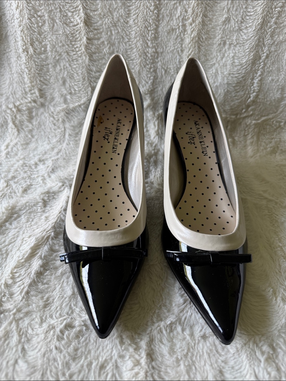 Anne Klein Black and Cream Pointed Patent Heels with Bow Trim